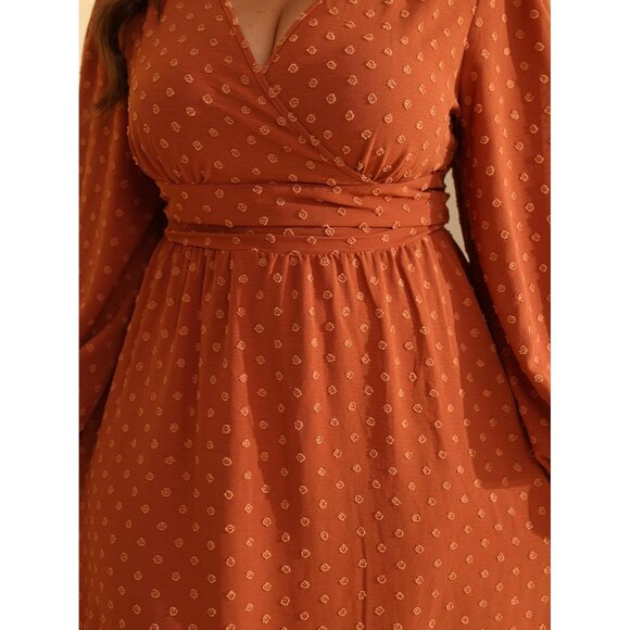 Plus Size Fall Wedding Guest Dress Swiss Dot Lantern Sleeves V-Neck - Picture 2 of 5